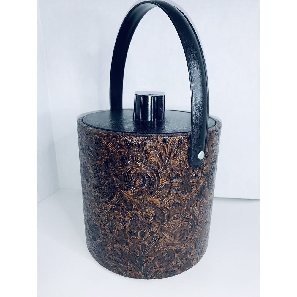 Ice Bucket Irvinware Dark Brown Faux Tooled Leather Floral Design 7.5" USA EUC